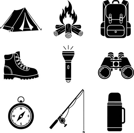 Camping icons set. Vector illustration. Black on white background.のイラスト素材