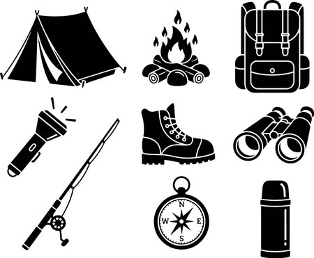 Camping equipment icons set. Black silhouettes. Vector illustration.のイラスト素材