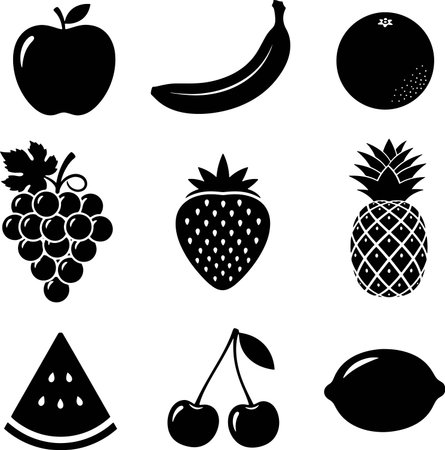 Fruits and berries icon set isolated on white background. Vector illustration.のイラスト素材