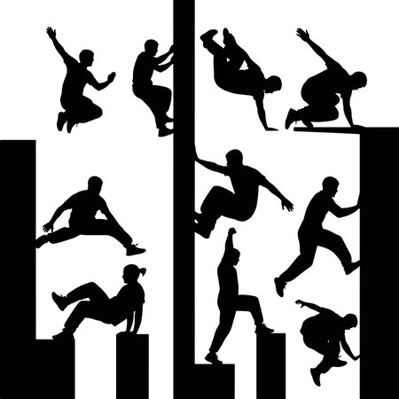 Vector illustration of a group of people jumping over a bar graph.のイラスト素材