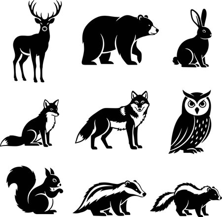 Set of wild animals silhouettes isolated on white background. Vector illustration.のイラスト素材