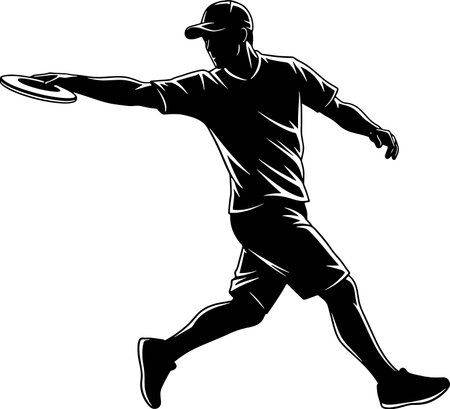 Disc golf player silhouette throwing flying disc, dynamic sports vector, black and white.のイラスト素材