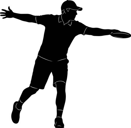 Disc golf player silhouette throwing flying disc, dynamic sports vector, black and white.のイラスト素材