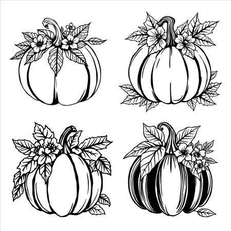 Set of pumpkins with flowers and leaves. Black and white vector illustration.のイラスト素材