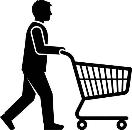 Man pushing a shopping cart with shopping cart in the background, vector illustrationのイラスト素材