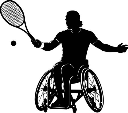 Silhouette of a disabled man in a wheelchair playing tennis.のイラスト素材