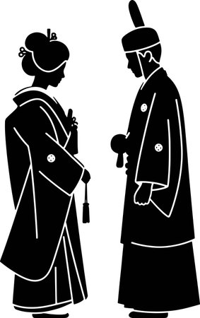 Illustration of a couple in traditional clothes on a white background.のイラスト素材