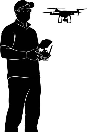 Illustration of a man operating a drone with a remote control.