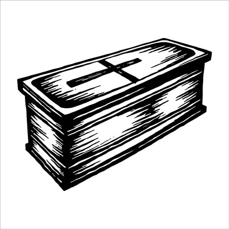 Vector illustration of an old wooden coffin on a white background. Hand-drawn style.のイラスト素材