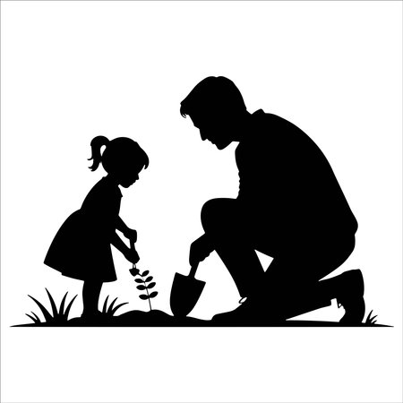 father and daughter planting a flower in the garden vector silhouette illustration.のイラスト素材