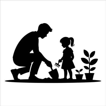 father and daughter planting a tree in the garden, silhouette vector illustrationのイラスト素材
