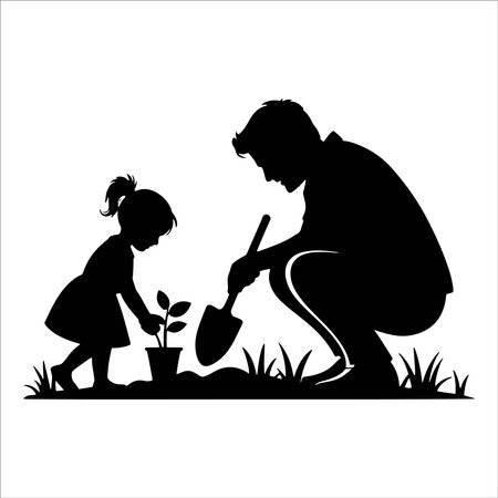 Silhouette of father and daughter planting a tree. Vector illustration.のイラスト素材