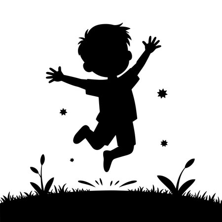 cute little boy jumping in the grass silhouette vector illustration graphic designのイラスト素材