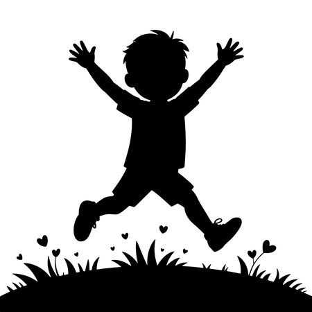 cute little boy jumping in the grass vector illustration silhouette style designのイラスト素材