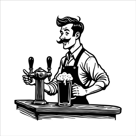 Barman with beer. Vector illustration in black and white colors.のイラスト素材