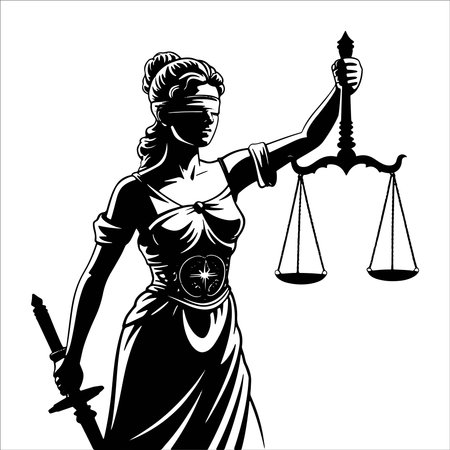 Lady Justice with sword and scales of justice. Black and white vector illustration.のイラスト素材