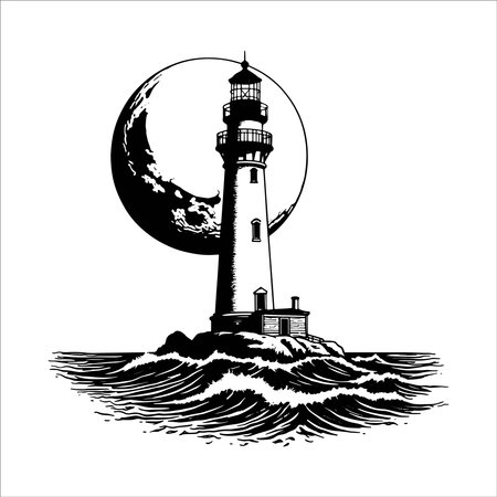 Lighthouse and moon on the sea. Hand drawn vector illustration.のイラスト素材