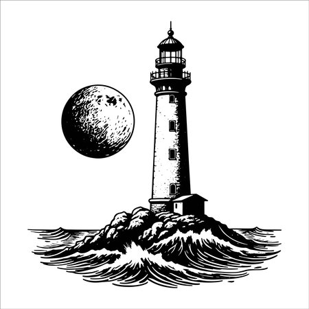 Lighthouse on the sea. Vector illustration in black and white colors.のイラスト素材