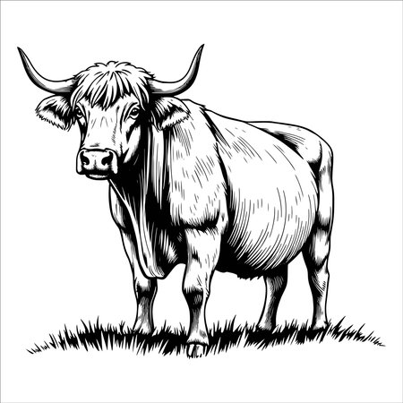 Vector image of a cow on a meadow. Black and white illustrationのイラスト素材