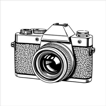 Retro camera vector illustration. Hand drawn sketch of old camera.のイラスト素材