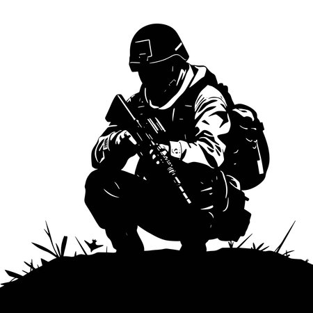 Soldier with a machine gun. Black and white vector illustration.のイラスト素材