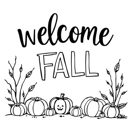 Welcome Fall lettering with pumpkins. Black and white vector illustration.のイラスト素材