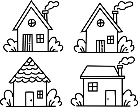 Set of black and white cartoon houses with smoke. Vector illustration.のイラスト素材