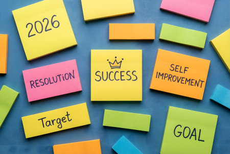 Success concept written on colorful sticky notes with copy space on blue backgroundの素材