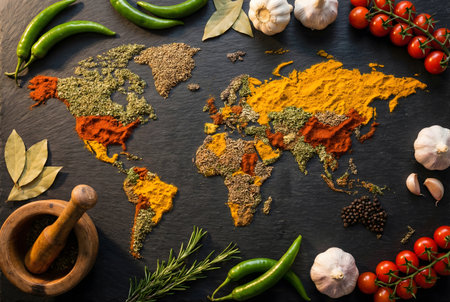 World map made of spices and herbs on black slate background. Top viewの素材