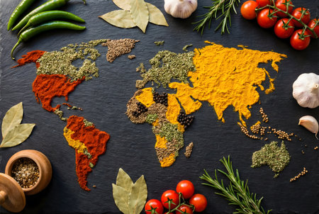 World map made of spices, herbs and vegetables on black slate backgroundの素材