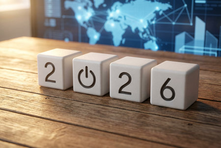 New Year 2016 concept. White cubes with numbers on wooden table.の素材