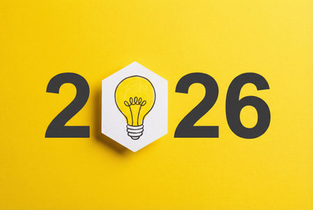 New Year 2016 Creative Design Concept - Light Bulb on Yellow Backgroundの素材