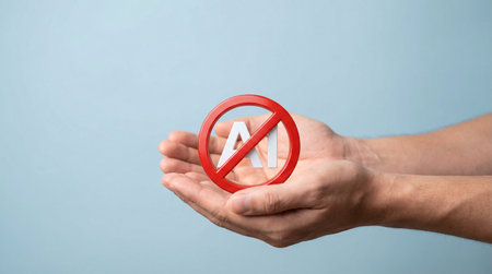 Male hands holding forbidden sign on light blue background, closeup. Prohibited symbolの素材