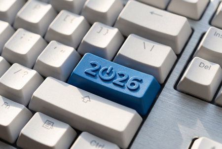 Close up of computer keyboard with new year 2016 on blue button.の素材