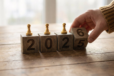 New Year concept. Hand puts wooden cubes with the numbers 2022 and gold chess pieces on a wooden table.の素材