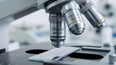 Close-up of microscope and test tube in laboratory. Medical backgroundの素材