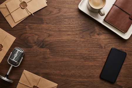 Top view of a wooden desk with a cup of coffee, mobile phone, envelope and a microphoneの素材