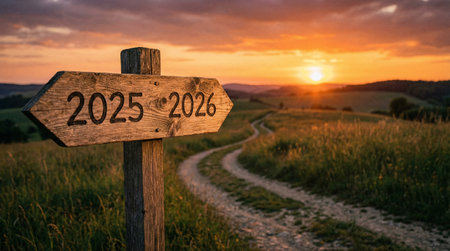 Wooden direction sign showing 2025 and 2026 arrows on country path at sunset, future choice and decision concept.の素材