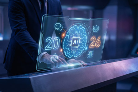 2026 artificial intelligence future concept with digital brain icons and finger touch interface, technology innovation.の素材