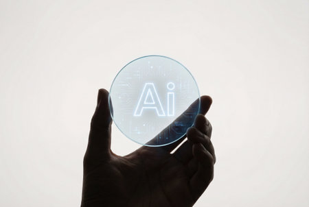 Artificial intelligence (AI) and machine learning concept. Businessman hand pressing AI button on virtual screen.の素材