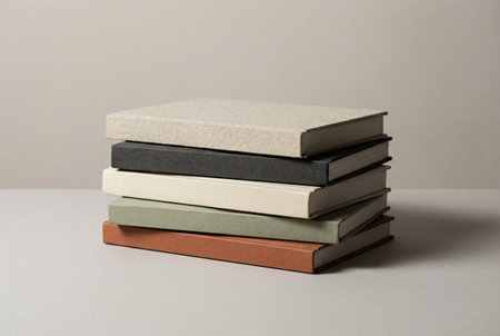 Stack of hardcover books on gray background. Back to school. Copy spaceの素材