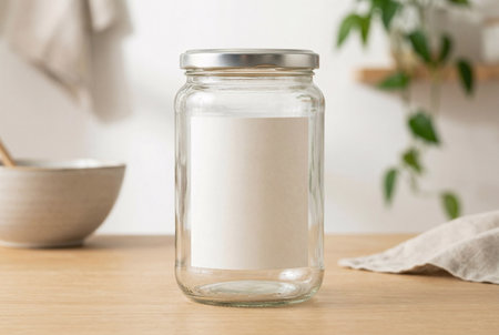 Empty glass jar with blank label on table in kitchen, closeupの素材
