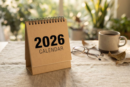 2026 desk calendar on cozy home office table, new year planning, schedule organizer and business concept.の素材