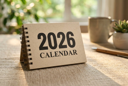 2026 desk calendar on cozy home office table, new year planning, schedule organizer and business concept.の素材