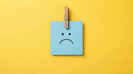 Blue sticky note with sad face on a clothespin on yellow backgroundの素材