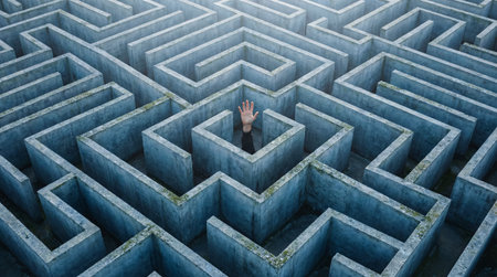 3d rendering of a man reaching out to the top of a mazeの素材