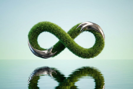 Infinity symbol made of green grass in water. 3D renderingの素材