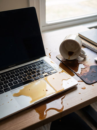 A cup of coffee on a wooden table with a laptop in the backgroundの素材