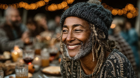 Portrait of a smiling African-American man at the Christmas marketの素材