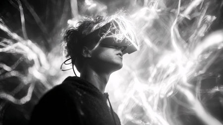 Black and white portrait of a young woman in sunglasses on the background of fireworksの素材